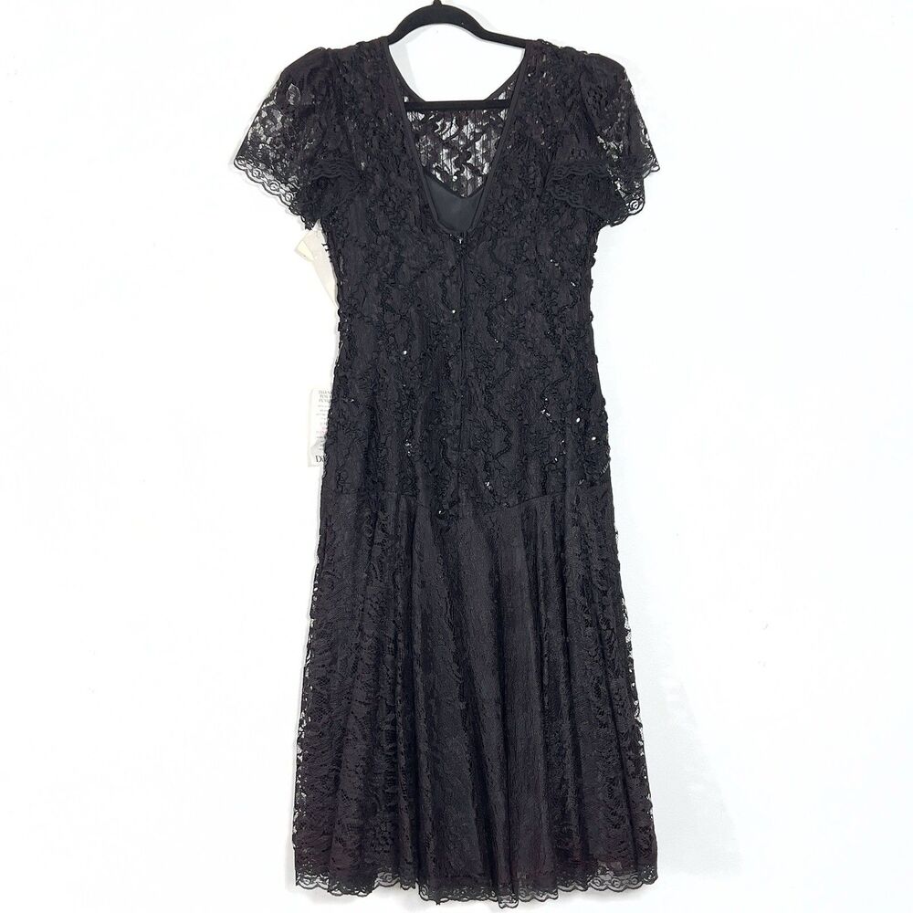 Vtg HW Collections Sequined Lace‎ Overlay Midi Dress Sz S/XS Black Scoop Back - Picture 6 of 16
